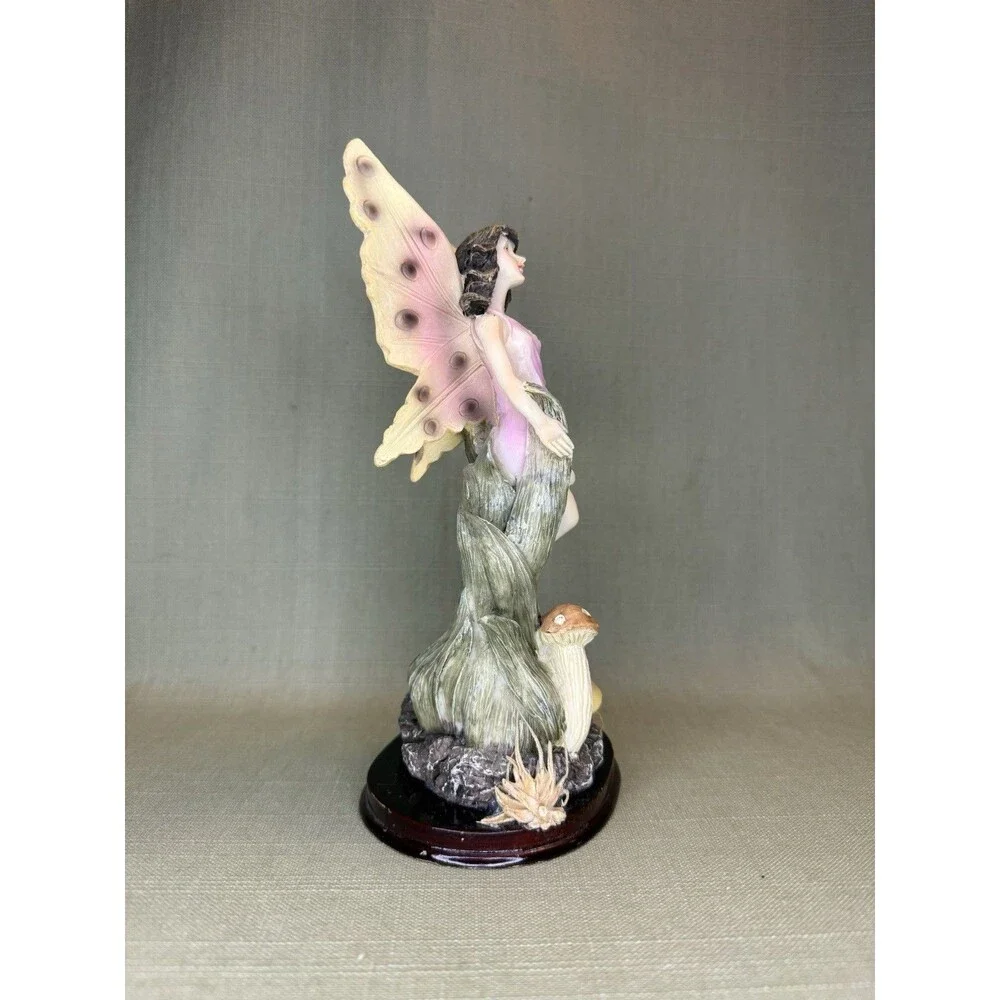 Woodland Fairy Figurine Pink Dress On Mushrooms Real (dead) Flowers